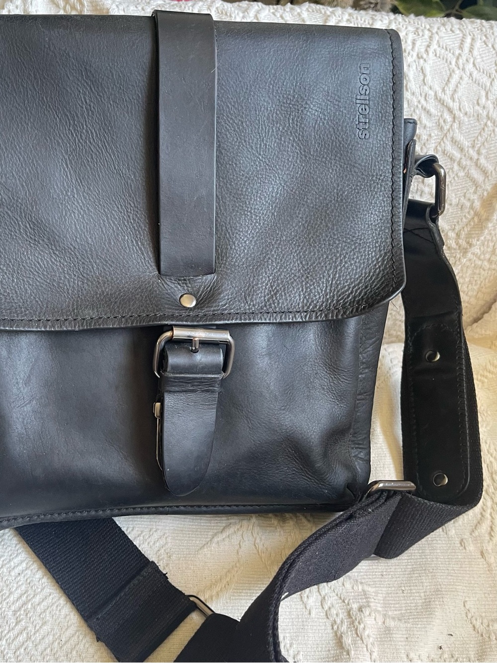 Strellson Black Leather Messenger Bag with Buckle Strap